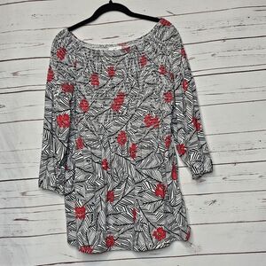 J. Jill Black and White Leaf Blouse with Red Floral Accents